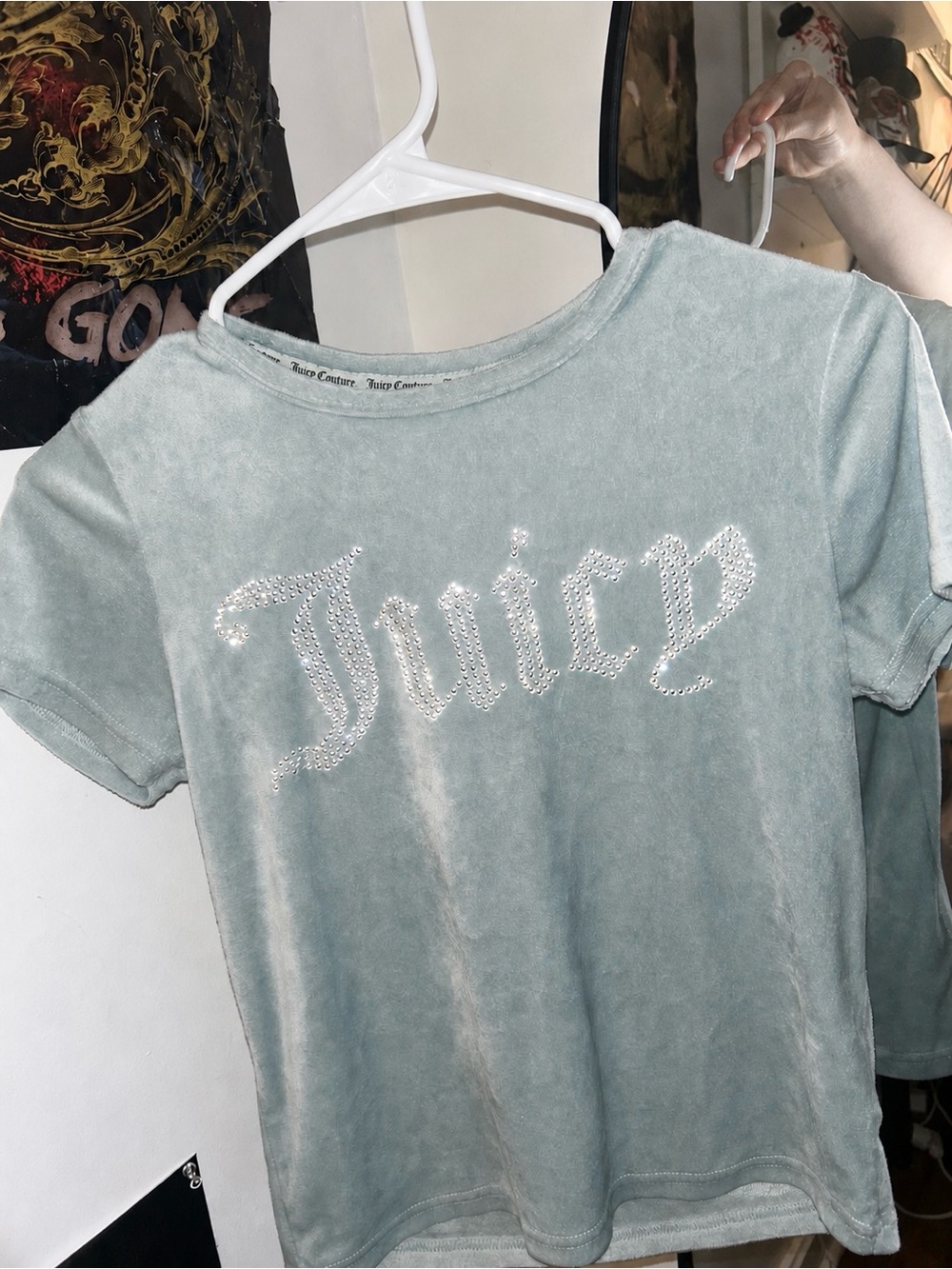 Juicy Couture Light Blue Velour Short Sleeve Top with Rhinestone Logo